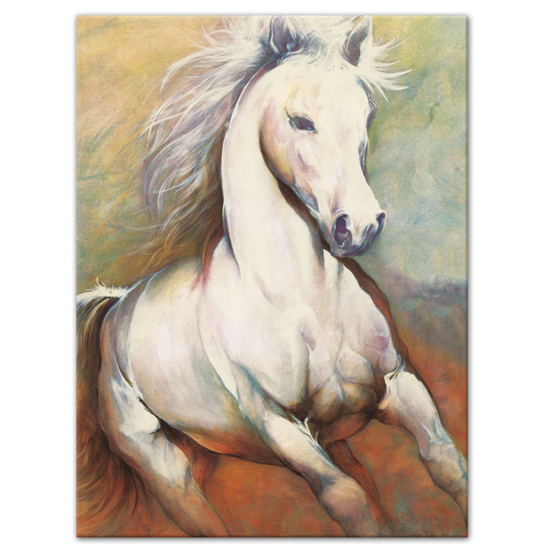 « white cheval running wild », reproduction de peinture à l’acrylique, H 16 po x l 12 po, Toile
