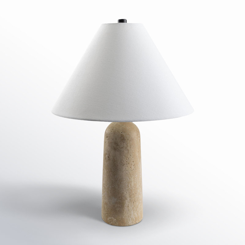 Small White Travertine Table Lamp with Linen Shade