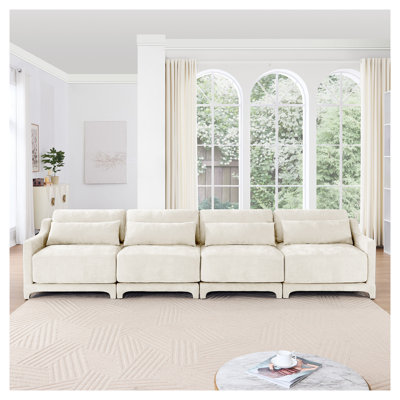 Beige 4-Seater Modular Chenille Sectional Sofa with Lumbar Pillows, Ergonomic Modern Living Room Seating