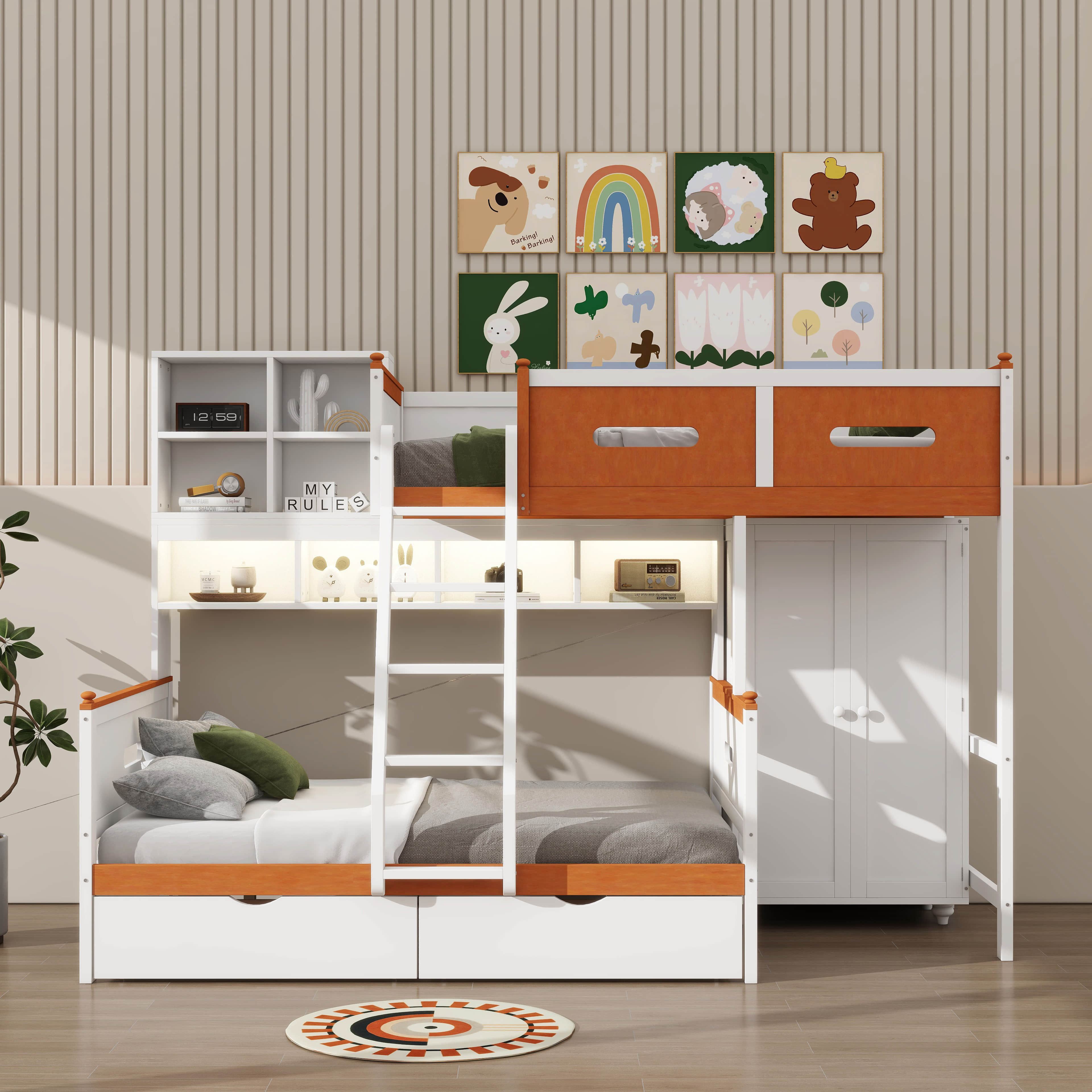 Harriet Bee Twin Over Full Wooden Bunk Bed With Wardrobe, Drawers ...