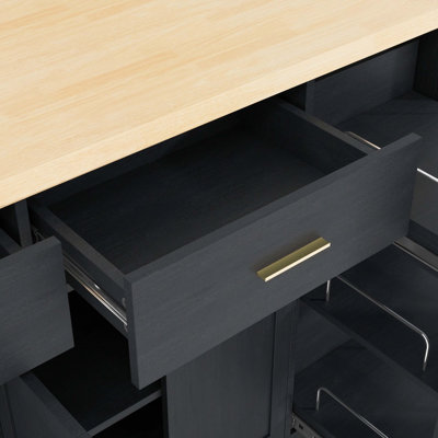 Storage Sideboard and Kitchen Island, Equipped with Sliding Doors, Hidden Trash Can Compartment and Tiered Spice Rack