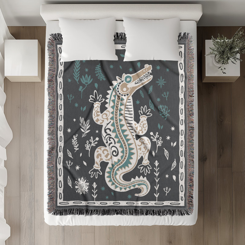 Jeté en mélange de coton Amiro Crocodile, Gris / Blanc cassé, L 70 po x l 50 po