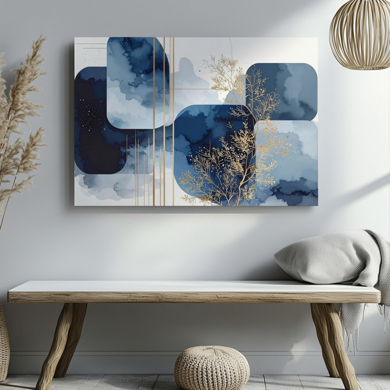 Céleste géométrie abstraite bleu indigo formes avec art botanique doré, art mural sur toile prêt à accrocher