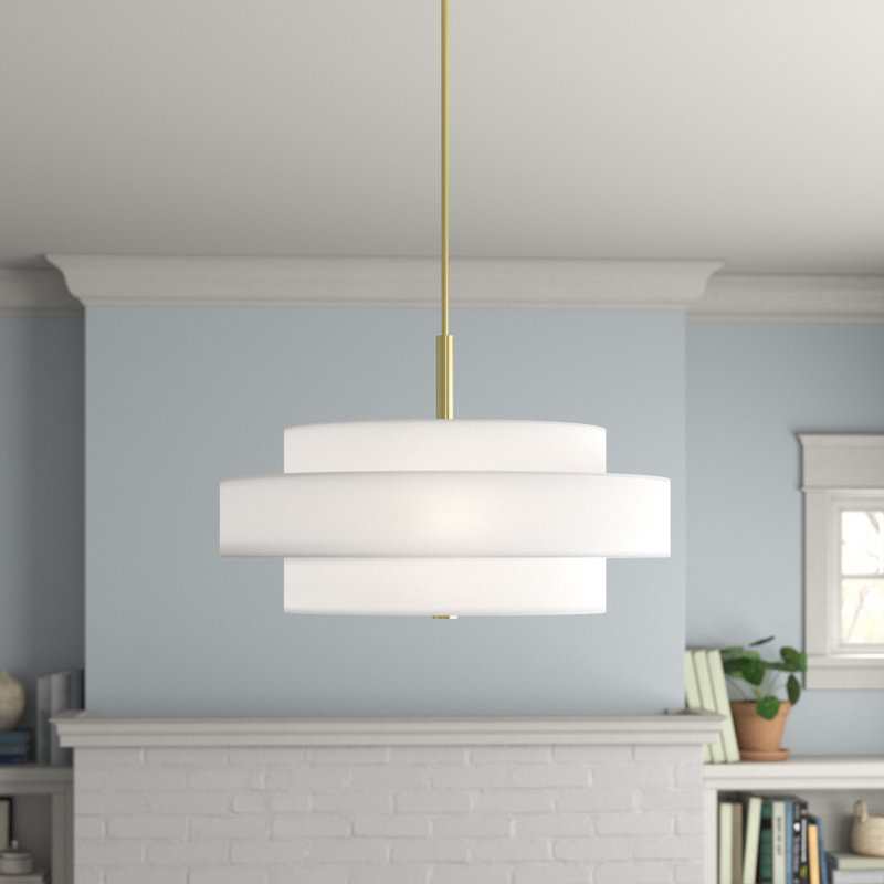 Lustre tambour en acier à intensité variable 5 lumières avec abat-jour en mélange de lin Flaire, Blanc cassé, Laiton satiné