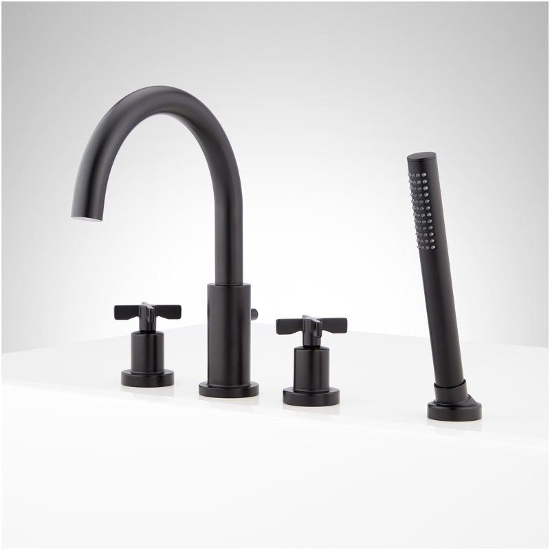 Vassor 4-Hole Roman Tub Faucet and Hand Shower with Rough-In Valve - Matte Black, Matte Black
