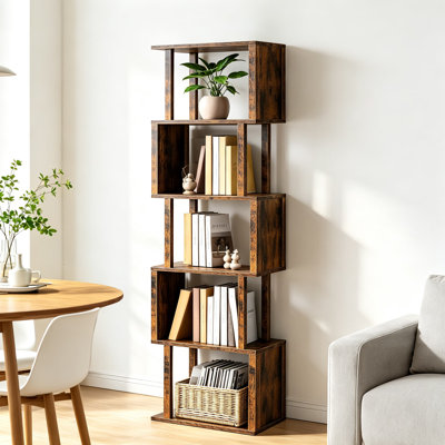 Bibliothèque moderne en forme de S à 5 niveaux, haute bibliothèque ouverte avec système anti-basculement, idéale pour le salon, le bureau ou la chambre, en bois composite.