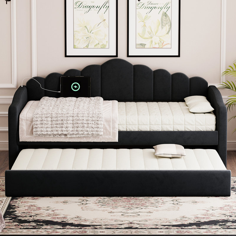 Lit de jour rembourré avec couchette et chargement USB, aucun sommier nécessaire, Noir