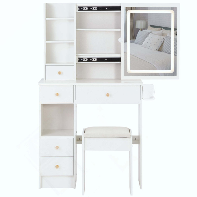 Petite coiffeuse avec tiroir de gauche et tabouret rembourré, 2 blocs d'alimentation AC + 2 USB, support pour sèche-cheveux, très grand miroir à DEL coulissant à contrôle tactile, changement de couleur, réglage de la luminosité
