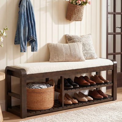 55" Solid Wood Shoe Storage Bench with Removable Cushion, 2-Tier Farmhouse Entryway Shoe Rack, End of Bed Storage Upholstered Bench for Hallway, Bedroom