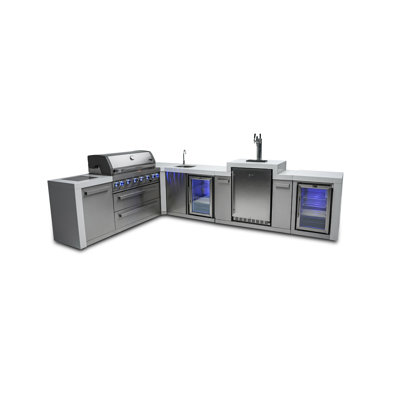 Îlot de cuisine en acier inoxydable de luxe en forme de L de L 94 po x P 136 po x H 55 po Mont Robi + robinet et évier de réfrigérateur + distributeur de bière Kegerator + barbecue à 6 brûleurs de 44 po + comptoirs en granite + rangement + couvercle + gaz naturel Convertible + garantie à vie