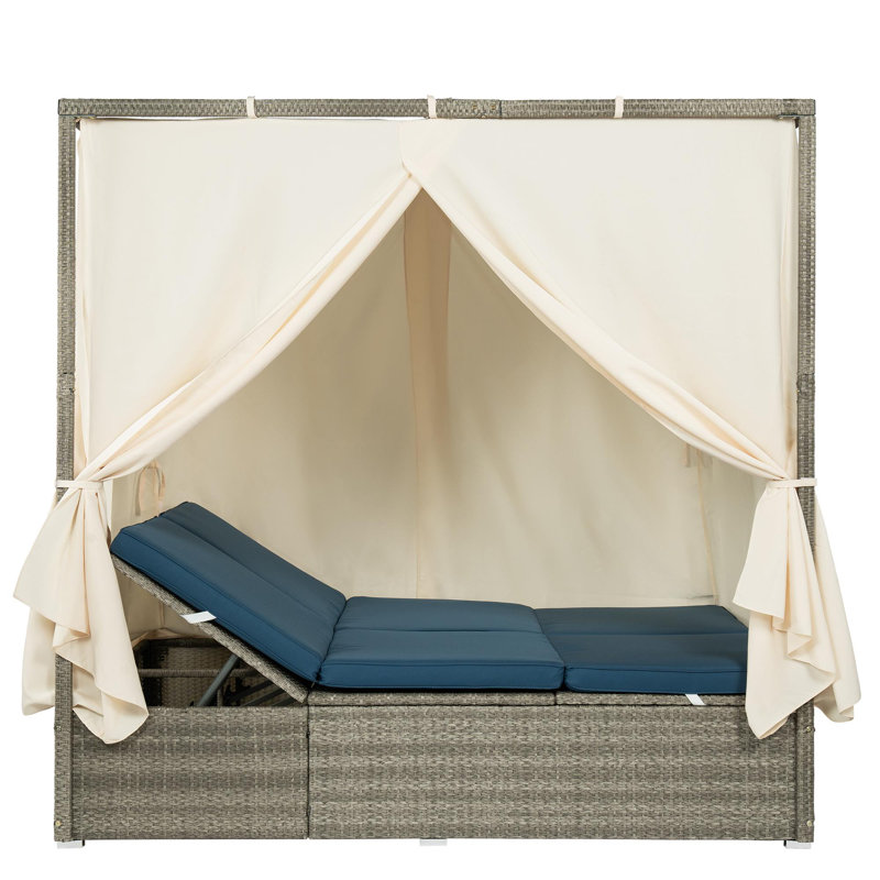 Outdoor metal frame rattan weave daybed, Grey, Dark Blue