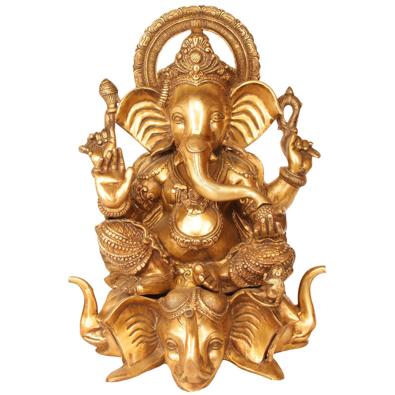 Handmade 20" Brass Lord Ganesha Seated on Three Elephant Heads – Statement Hindu Deity Statue, Large Indian Art Accent for Entryway, Garden & Altar