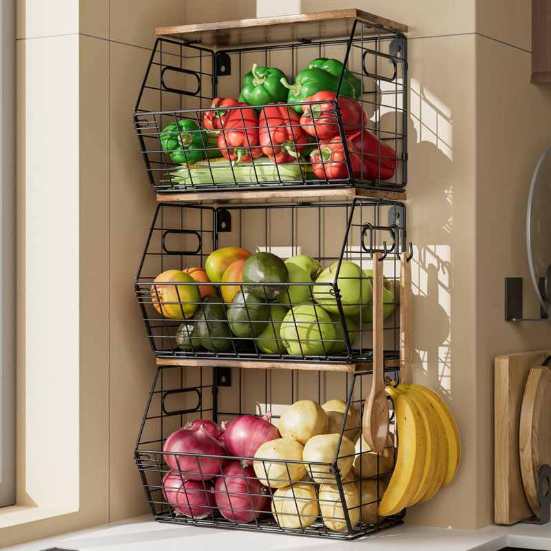 Panier de fruits empilable en métal avec couvercle en bois, paquet de 3, organisateur mural suspendu pour comptoir de cuisine, rangement pour garde-manger pour oignons, pommes de terre, garli, fruits, épices, noir