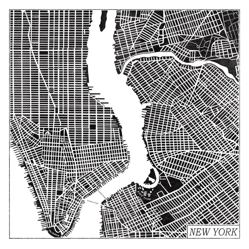 New York Map Black by Laura Marshall - Wrapped Canvas Print, 51cm H x 51cm W