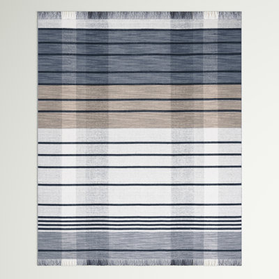 Anjail Flat Weave Wool/Cotton Plaid Rug in Light Gray/Black