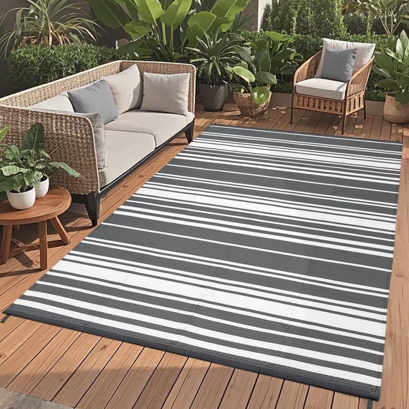 Waterproof Outdoor Rug Reversible Plastic Straw Rug, Modern Striped Outside Mat, UV-Resistant Camping Rug, Outdoor Carpet for Porch, Deck