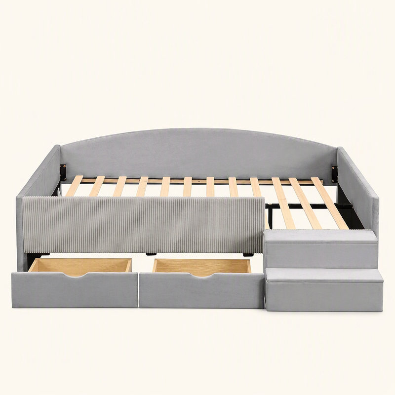 Structure de lit de jour rembourrée avec 2 tiroirs de rangement, Double, Gris