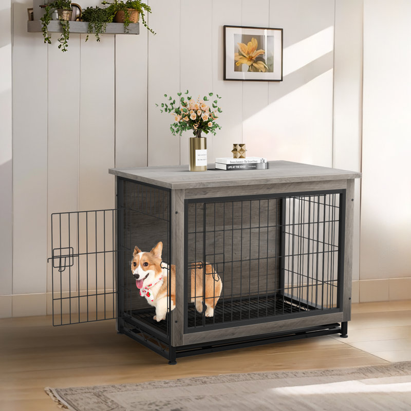 Meuble de caisse pour chien Emberli, table d'appoint latérale, chenil en bois moderne pour chiens d'intérieur, Gris