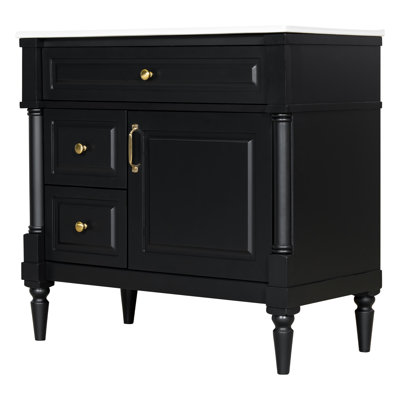 36" Bathroom Vanity with Sink, Freestanding Bathroom Cabinet with Ceramic Basin, Flip Drawer, Adjustable Shelf