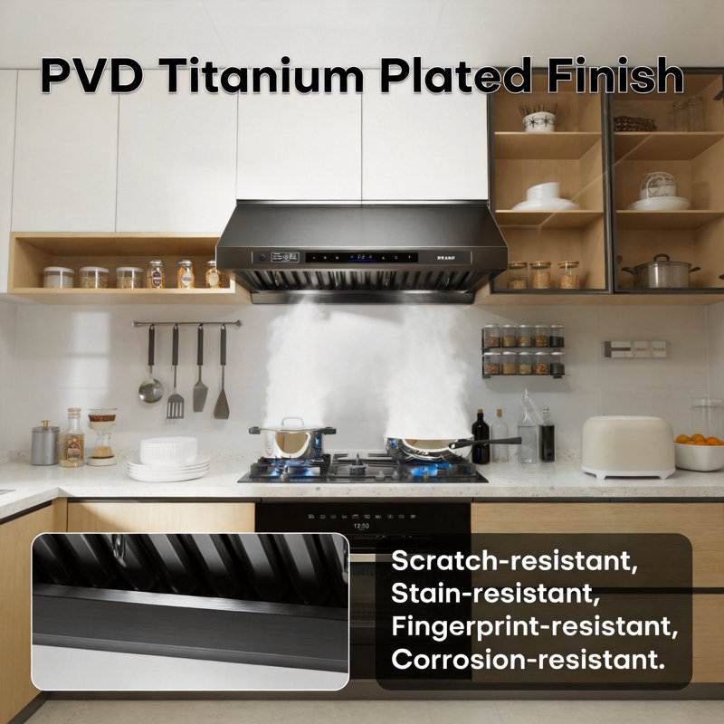 BRANO 30-Inch Under Cabinet Range Hood – 1200 CFM Ducted Vent Hood with Voice & Gesture Control, PVD Titanium Plated Finish, 6-Speed DC Motor