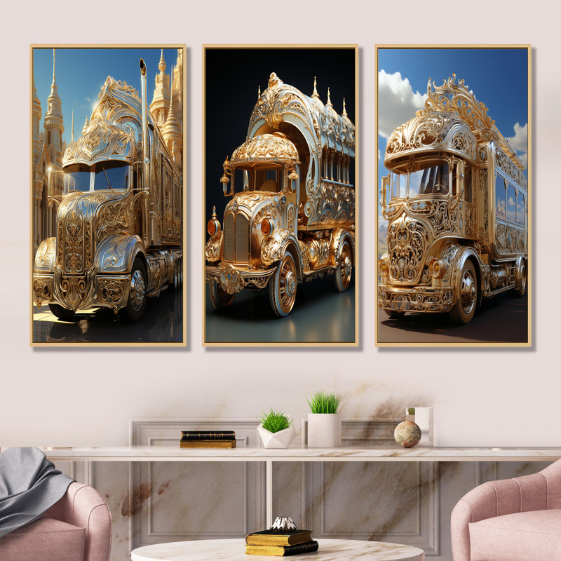 «Golden Semi Truck Dream», ensemble de 3 impressions murales sur camion, H 40 po x l 60 po, Cadre flottant brun