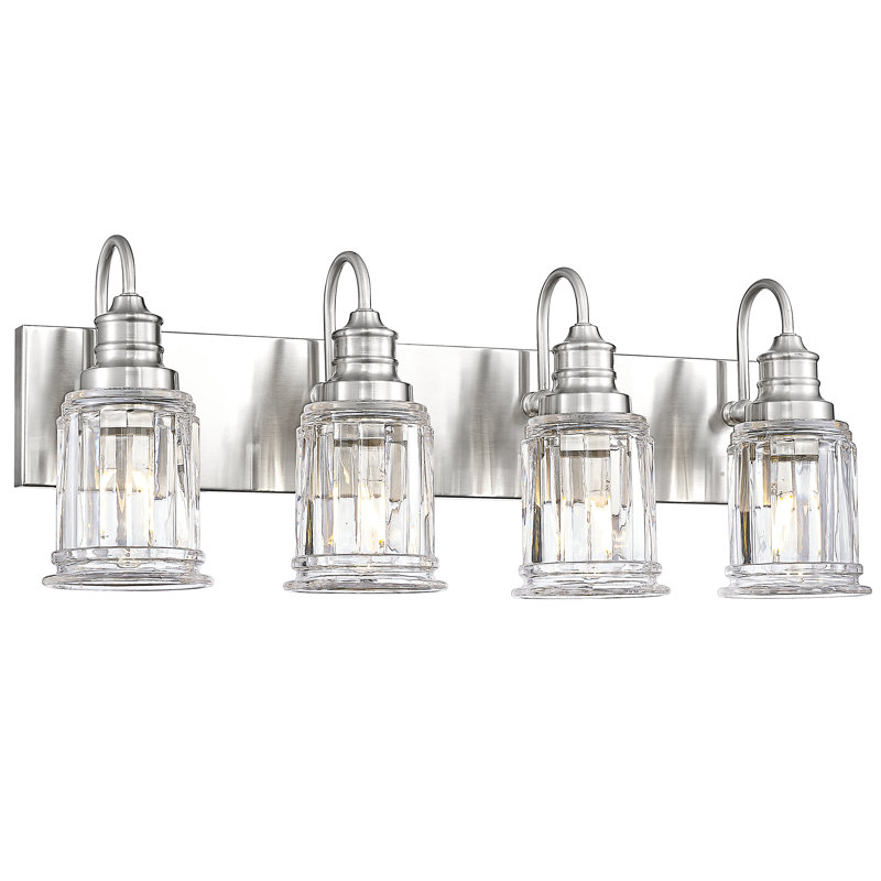 Éclairage pour salle de bain 4 lumières rétro, verre cannelé en forme de cloche, nickel brossé, Nickel brossé