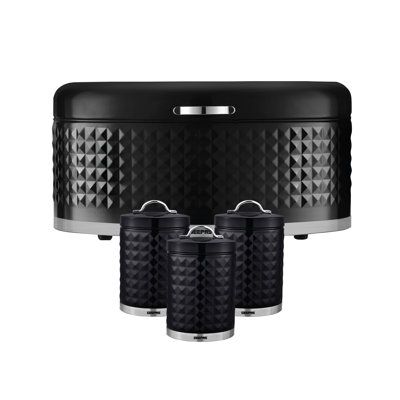 GEEPAS Argyle Tea Coffee Sugar Canister & Bread Bin Set | 13L Bread Box 1.4L Airtight Canister Set | Carbon Steel Build Kitchen Counter Storage Space Saver | 2 Year Warranty