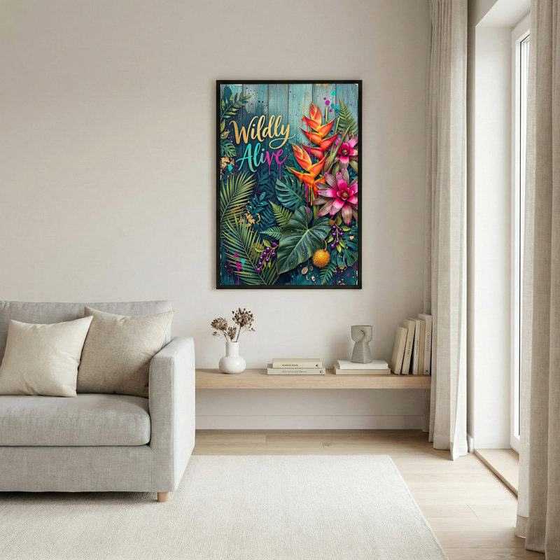 Art mural sur toile, feuilles et fleurs tropicales avec feuille d'or sur bois sarcelle, 24"H x 16"W