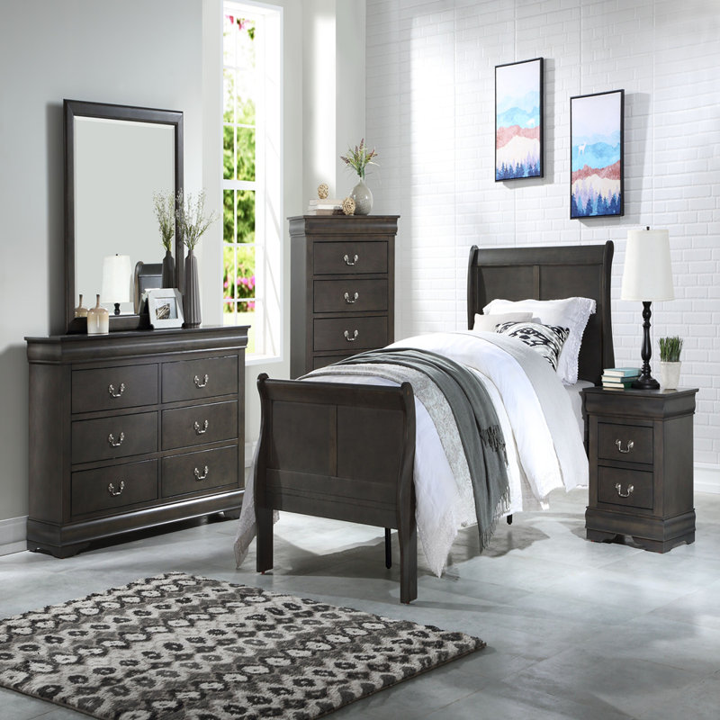 Ensemble de chambre à coucher 4 pièces Louis Philippe, Gris foncé, Très grand