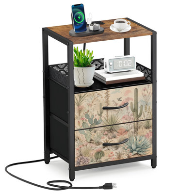 Table de chevet 2 tiroirs en tissu avec station de charge