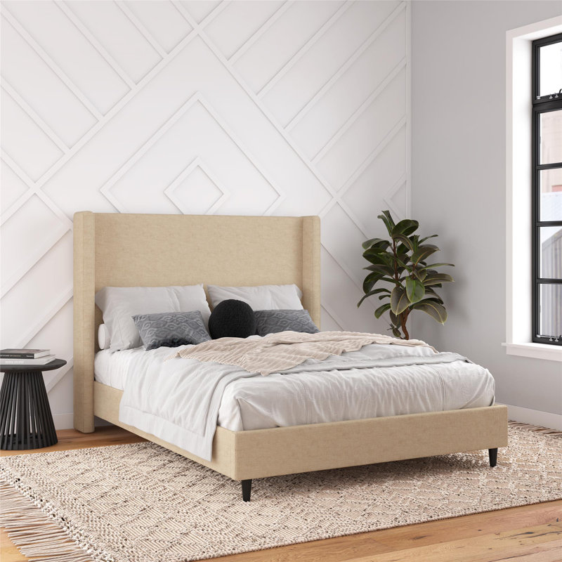Ana Upholstered Wingback Bed, Beige Canvas, Queen