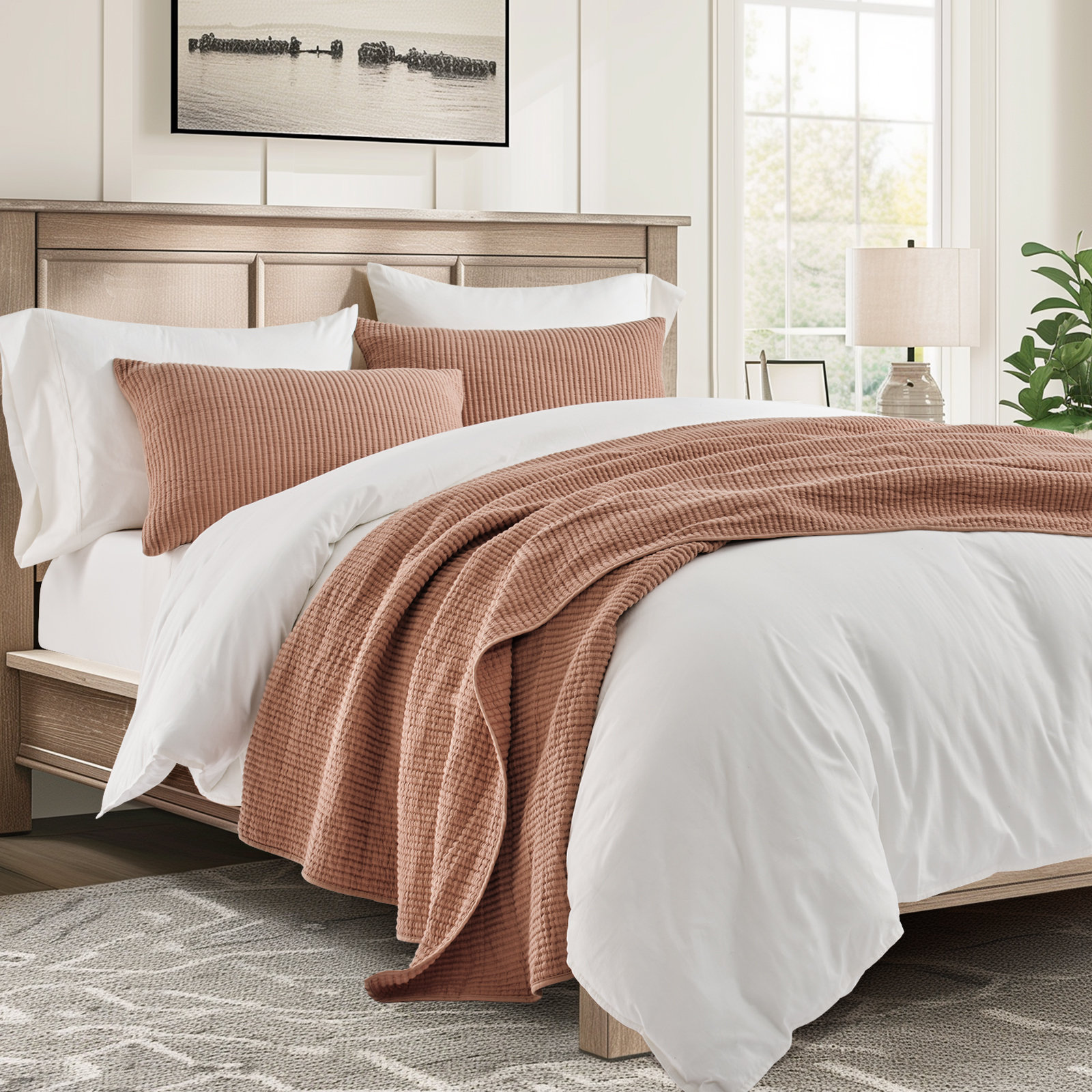 Ribbed Matelassé Cotton Coverlet Set, Clay, Queen Quilt + 2 Queen Shams