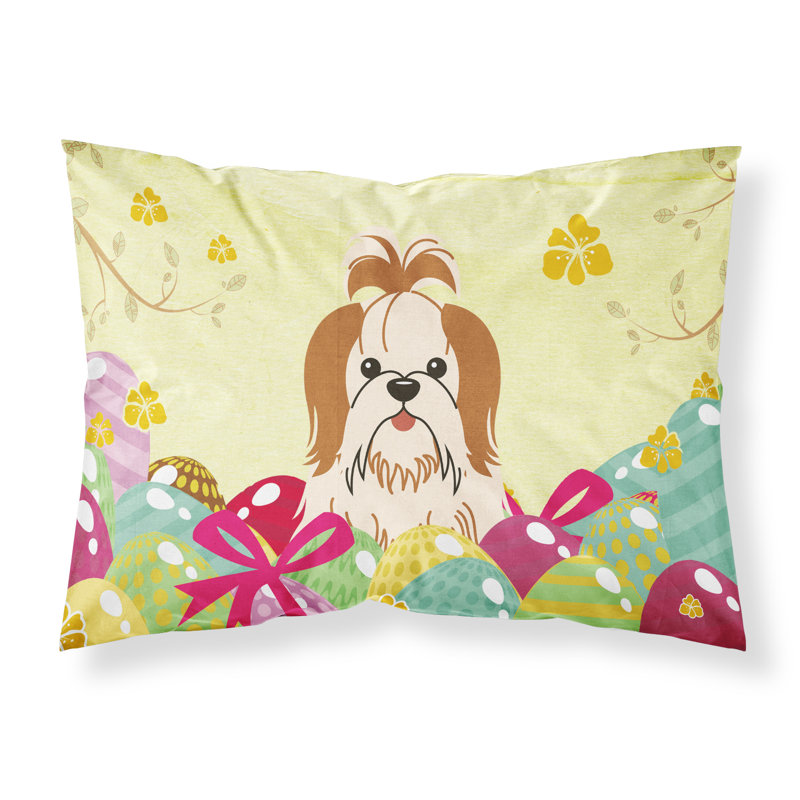 Taie d’oreiller œufs de pâques, Shih Tzu rouge et blanc