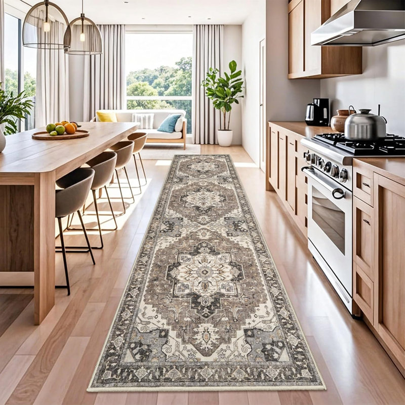 Rug Hallway - Washable Kitchen Vintage Stain Resistant Rugs Indoor Ultra-Thin Soft Floor Mat Non-Slip Rubber Backing Carpet for Bathroom Living Room Bedroom (Beige)