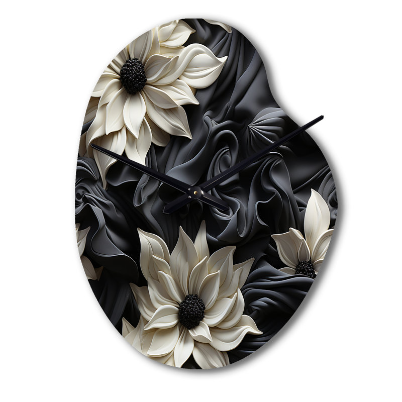 Symphonie blanche et grise des jardins de pétales - horloge murale asymétrique en métal à motif floral unique, Grand