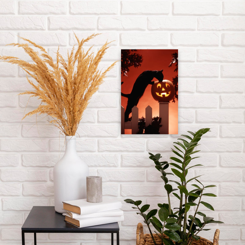 Art mural des années 1980, Jack-O'-Lantern et chat noir, H 18 po x l 12 po