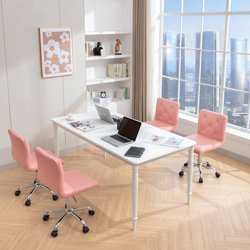 Armless Desk Chair Set Of 2, Mid Back Swivel Office Chair, Adjustable Task Chair With Rolling Wheels And Modern Tufted, Pink
