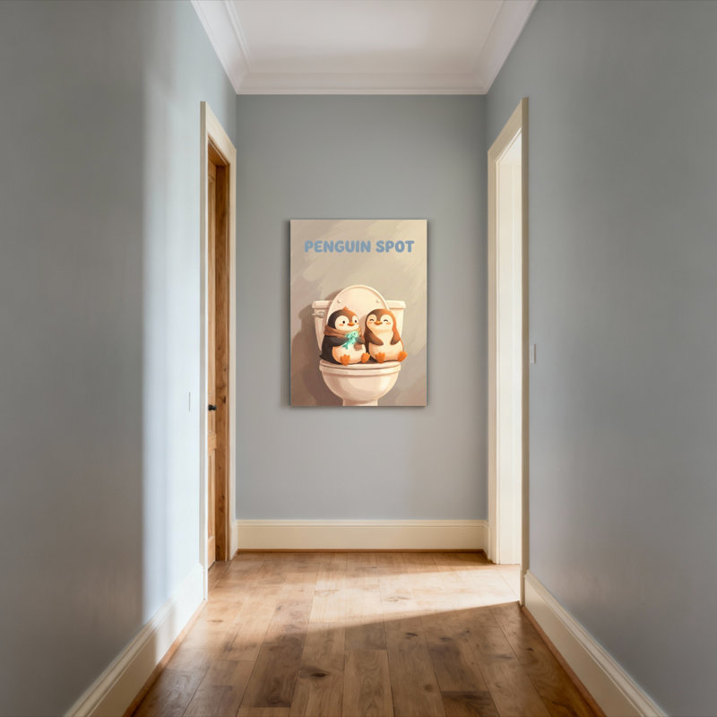 Tableau sur toile tendue « Pingouins sur les toilettes » (1 pièce), H 36 po x l 24 po