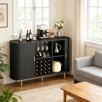 55" Modern Wine Bar Cabinet With Smooth Sliding Door & LED Lights, Coffee Bar Cabinet With Wine Rack And Glass Holder by Millwood Pines