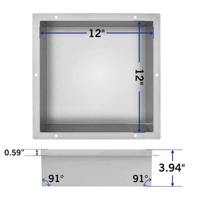 Stainless Steel Shower Niche 12 Inch Rimless No Tile Needed, Silver