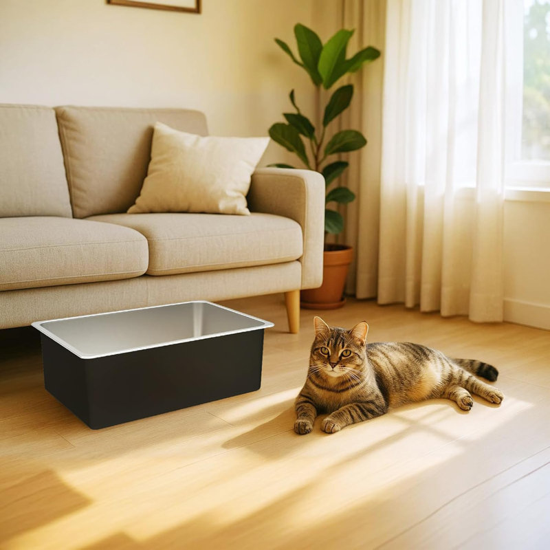 Bac à litière pour chat en acier inoxydable 17,5 po, Noir / argenté