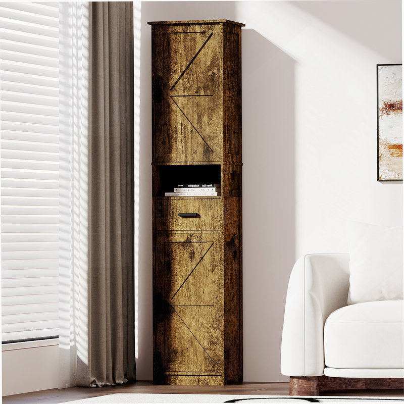 Armoire de rangement pour salle de bain avec 2 portes de grange et 1 tiroir, unité de rangement étroite, tablettes réglables