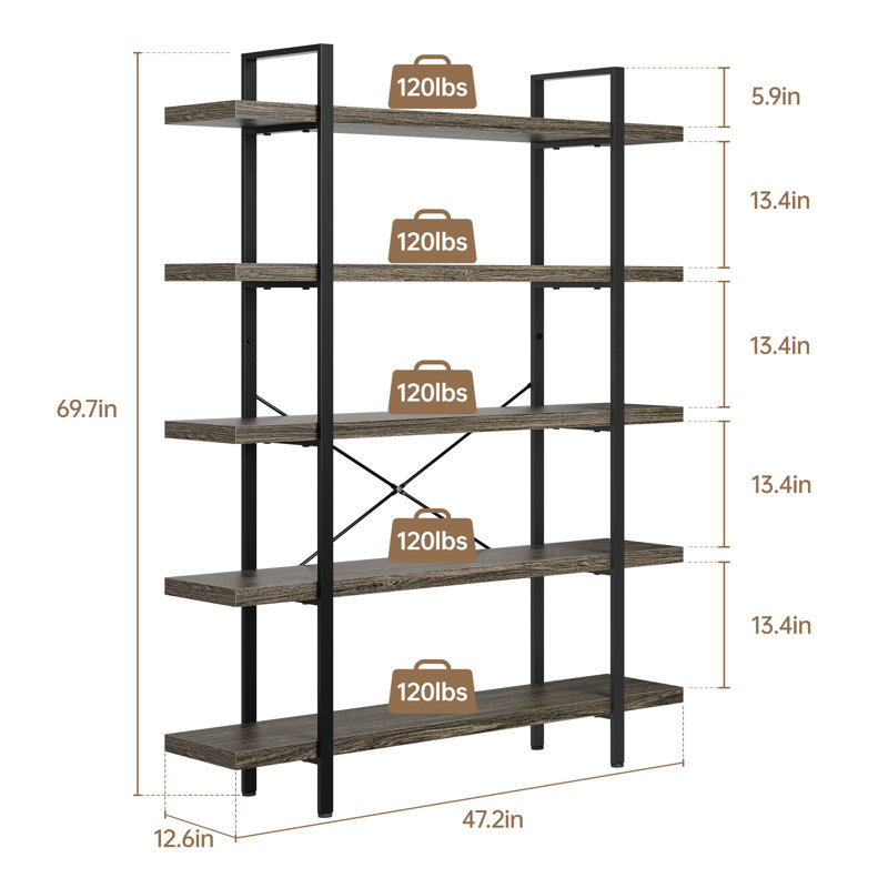 Heavy Duty Industrial Bookcase, 47" Wide Wood Bookshelf for Home Office, 120lbs Shelf Capacity, Rustic Shelving Display with Reinforced Horizontal Shelf for Living Room Bedroom,Grey