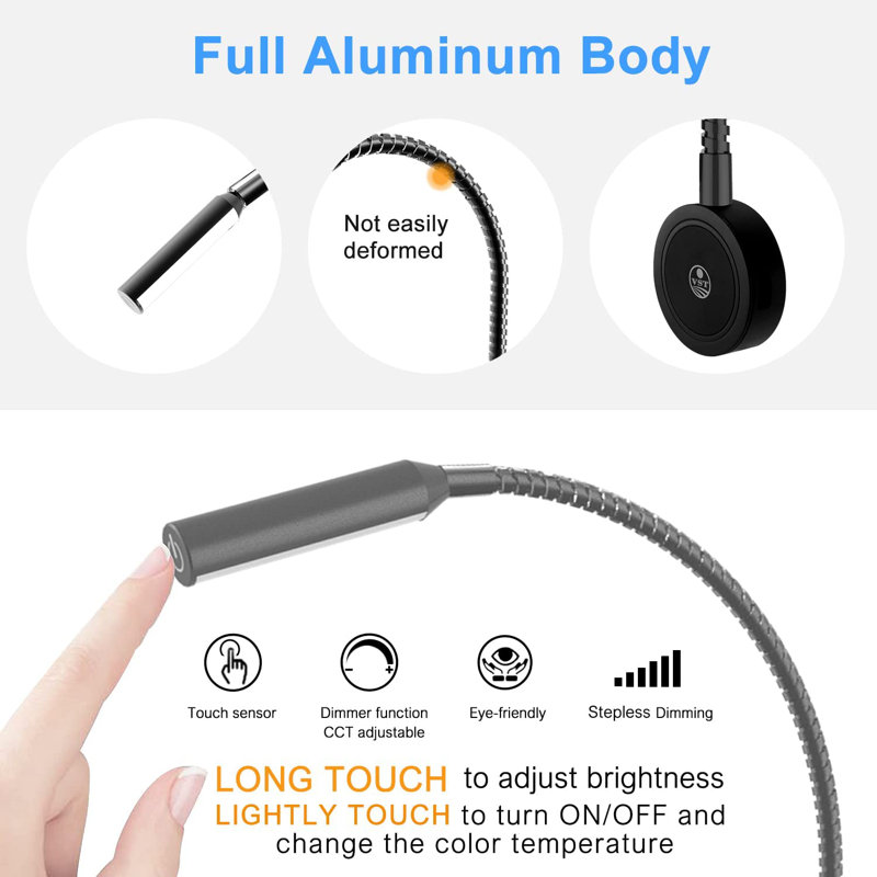 Lampe de lecture à col de cygne flexible VST avec port de charge USB, fixation murale au chevet, Argent