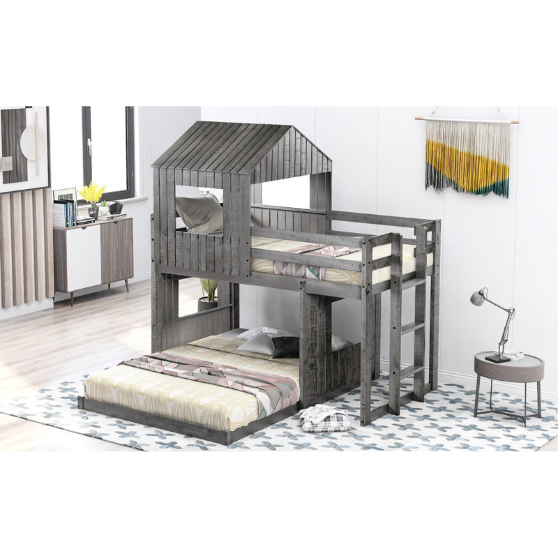 Lit superposé simple au-dessus d'un lit double en bois avec maisonnette, look en gris antique et garde-corps pour un divertissement sécuritaire, structure en pin massif, niveau de soutien supérieur de 400 lb, deux façons d'assemblage du bas 600 lb