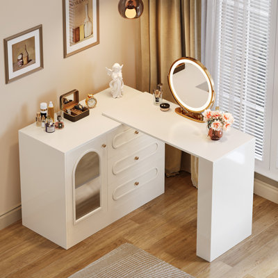 Meuble-lavabo moderne avec 3 tiroirs et armoire Ebern Designs, coiffeuse d'angle avec tablette et porte en acrylique (sans miroir)