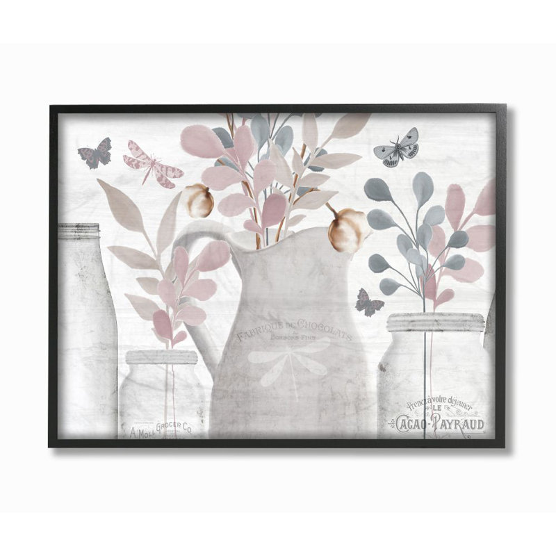 « fleur pot neutral painting », impression sur toile, H 24 po x l 30 po x P 1,5 po, Giclée encadrée noir minuit