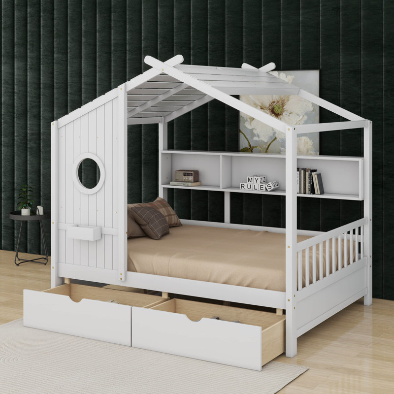 Wooden  House Bed With Drawers, White, Full / Double