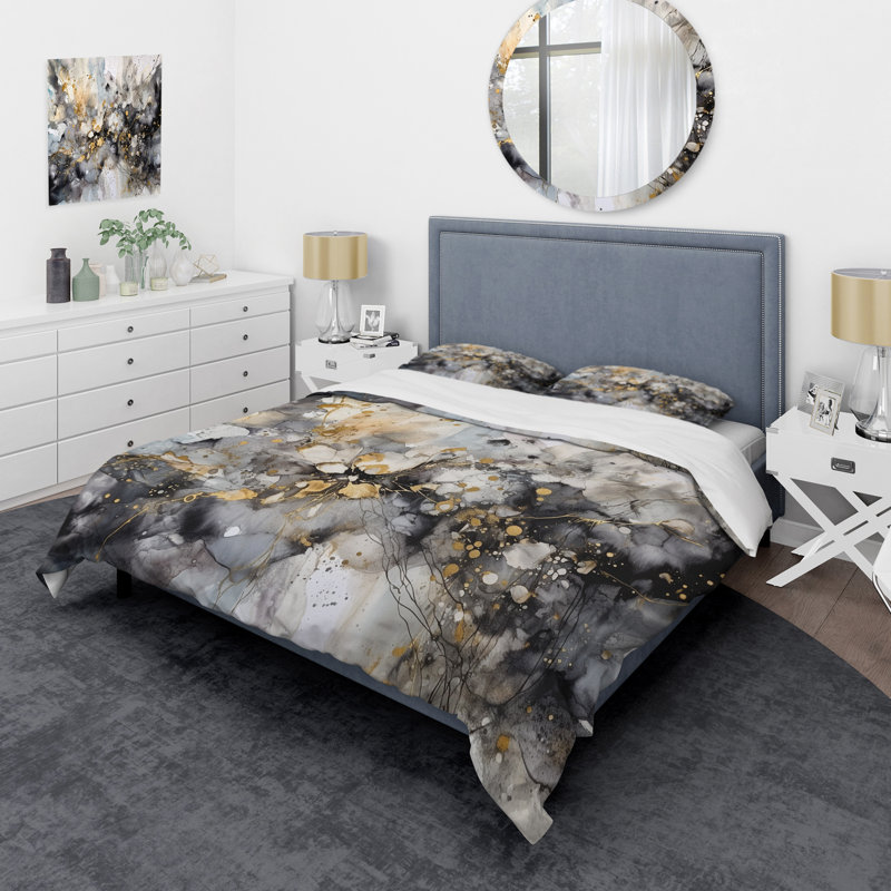 Grey Gold Delicate Abstract Brushstrokes II - Abstract Marble Duvet Cover Set - Microfiber Polyester