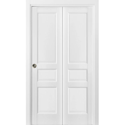 Sliding Closet Bi-fold Doors 84 x 96 in (2x 42x96) Lucia 31 White Silk Sturdy Tracks Moldings Trims Hardware Set Wood Solid Bedroom Wardrobe Doors